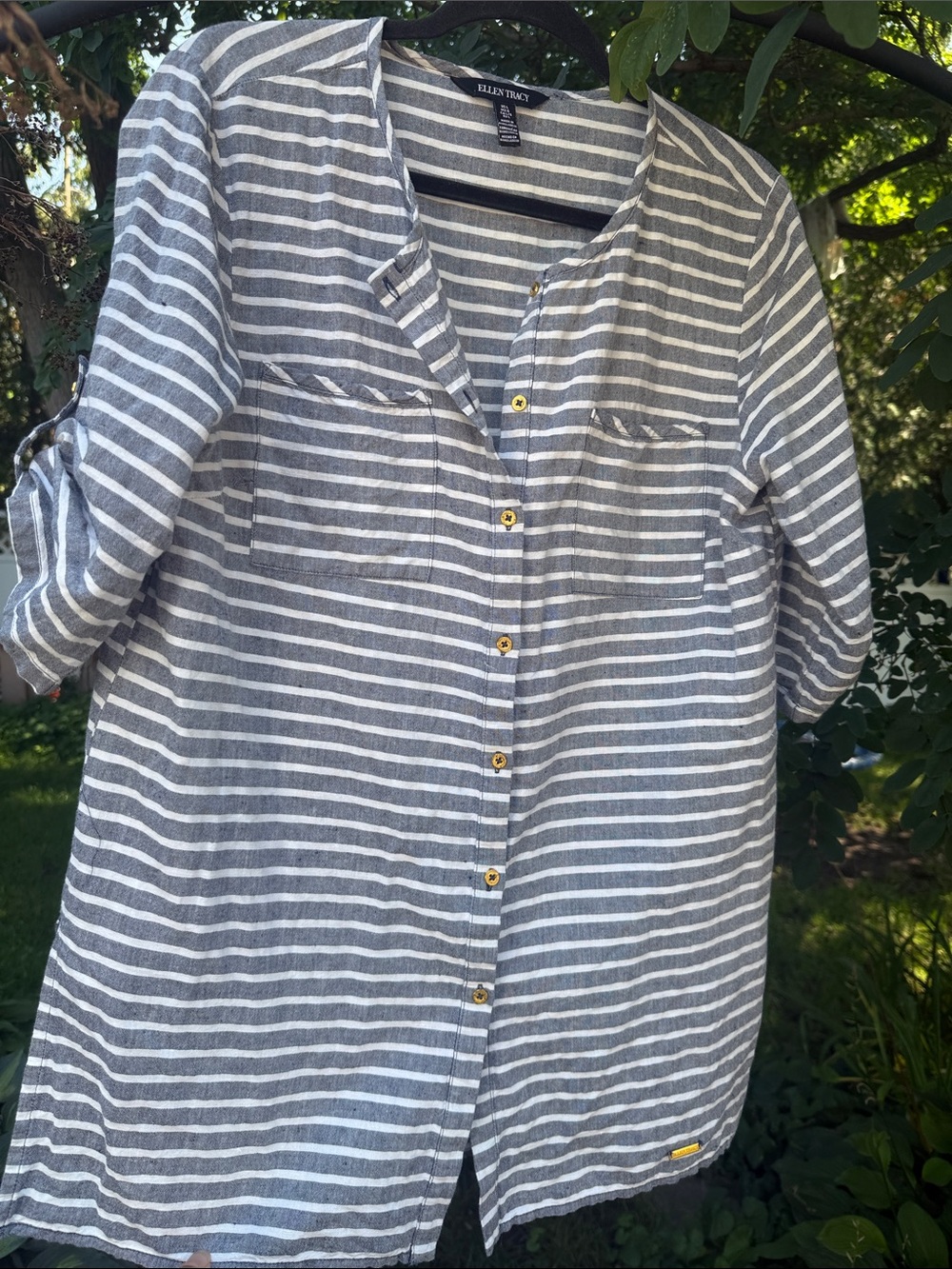 Ellen Tracy linen Gray and White Striped Button-Front Tunic